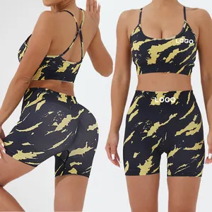 Alta calidad Camo Nylon elástico sin costuras 2 piezas para mujeres gimnasio Fitness corto y sujetador Atlético personalizado a juego Yoga conjuntos de entrenamiento