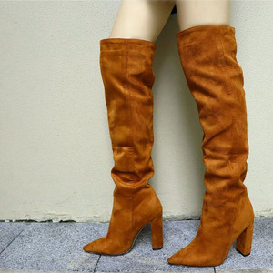 Bottes pour femmes en daim massif à talon épais, rouges, à talon haut, cuissardes, à enfiler, avec fourrure courte, pour l'hiver, au-dessus du genou - Product Image 1