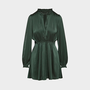 Dark Green Tie Neck Ruffle Collar casual <b>skirt</b> Long Sleeve <b>Elastic</b> Waist Flowy Mini Dress Casual Chic A-Line Office Date Night - Product Image 5