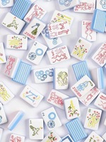 Jeu de Mahjong Chinois en Acrylique Imprimé Floral Moderne Rayé Bleu Vintage pour 4 Joueurs – Portable, Voyage, Loisirs, Divertissement, Table