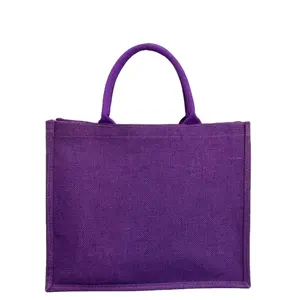 批发定制标志印花时尚紫色黄麻购物礼品袋手提包精品店