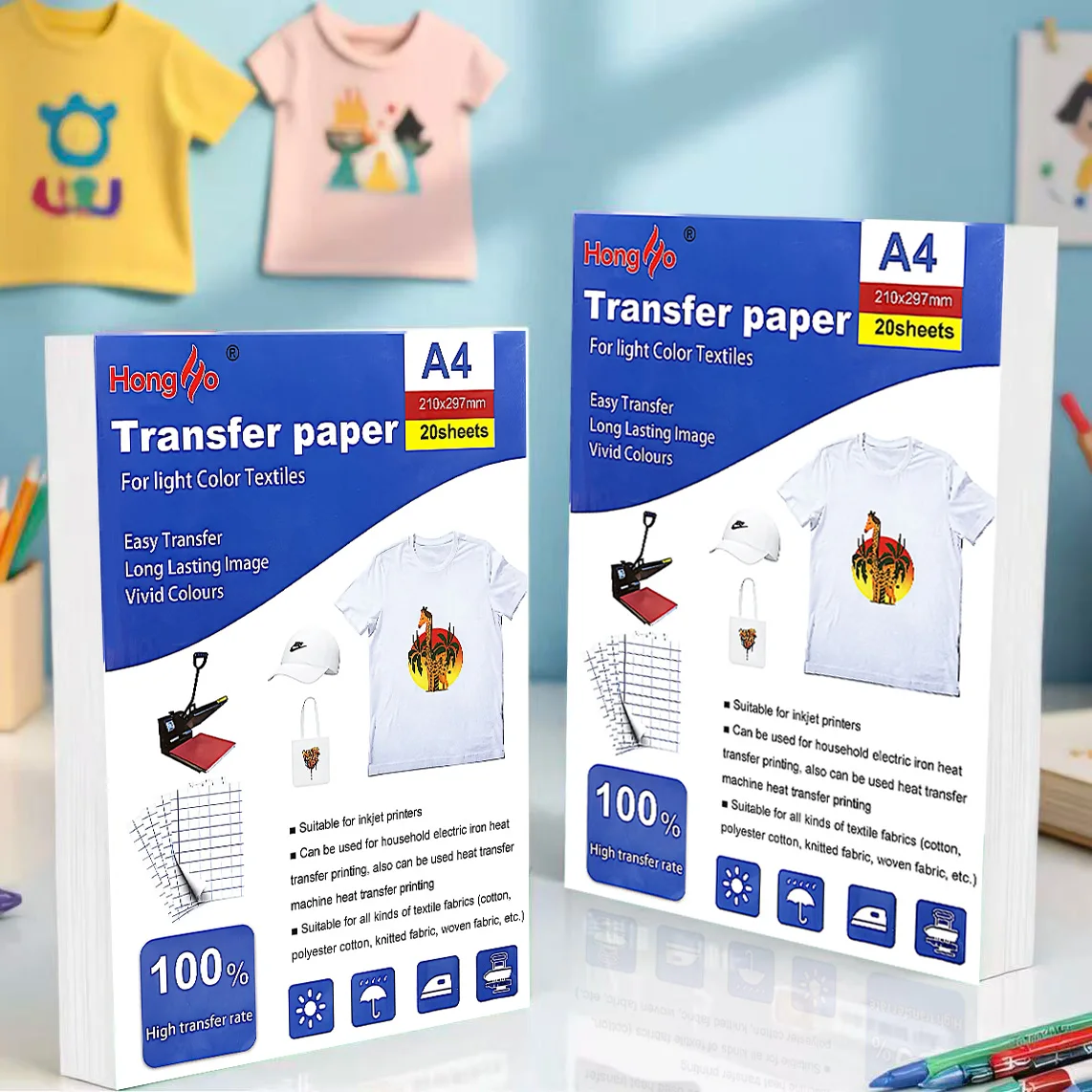 China Factory Inkjet Laser Printable Iron on T-shirt Transfer Sheet A4 Light Heat Transfer Paper for Clothing/Garments/Fabric