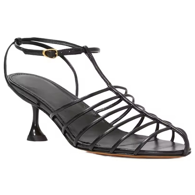 High Quality Low Kitten Heel Ladies Open Round Toe Sandals Black Pu Ankle Straps Flip Flop Rubber Sandals with Heels for Women