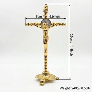 Crucifixo de Metal São Bento HT 29cm com Suporte Dourado, Estátua de Jesus Cristo, Presentes Religiosos Católicos, Decoração para Altar de Oração - Product Image 2
