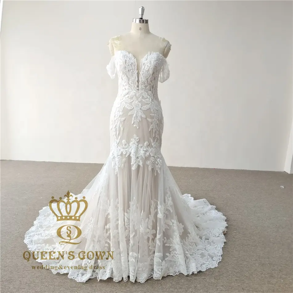 QUEENS GOWN mermaid champagne off-shoulder lace v neck sleeveless gorgeous bridal wedding dress for brides