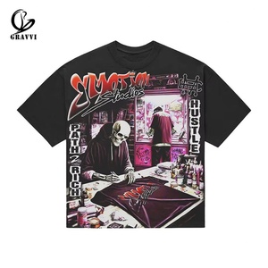 T-shirt en coton épais à manches courtes pour homme, imprimé intégral motif squelette graphique streetwear surdimensionné personnalisé - Product Image 2