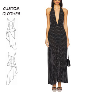OEM Designer Natural Waist Summer Custom Halter Deep V Neck Backless Polka <strong>Dot</strong> Digital Printing Woven <strong>Maxi</strong> A-<strong>Line</strong> Casual <strong>Dresses</strong> - Product Image 1