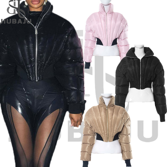 2023 Winter New Design Color Patchwork Crop Puffer Jacket Lady Fashion Keep Warm Women Bomber Jackets