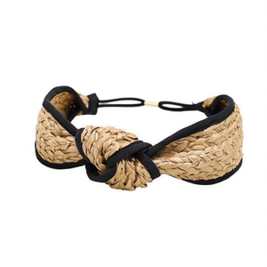 Fascia per capelli con bordo in paglia e nodo decorativo per donna, accessorio moda estivo - Product Image 1