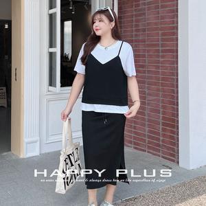 Ensemble deux pièces pour femmes Runqi, haut et jupe gris, manches courtes, couleurs contrastées, tricot de coton, vêtements de sport décontractés, grande taille - Product Image 5