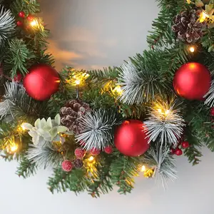 24" Christmas Wreaths Decoration With Red Christmas Ball Pine Needle And LED Lights Indoor Wreaths Manufacturer Wholesale