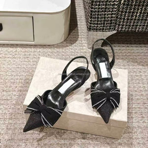 Sandalias de Tacón de Aguja con Lazo y Diseño de Ojo de Gato de la Marca JimmysChoos, de Cuero Genuino, con Cristales Importados, de Venta Caliente - Product Image 1