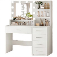 FIONESO Coiffeuse en bois avec miroir éclairé, 5 tiroirs, 3 étagères de rangement, 3 modes de couleur, luminosité réglable