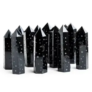 New arrivals crystals healing plating silver star and moon pattern natural black obsidian point wand for sale