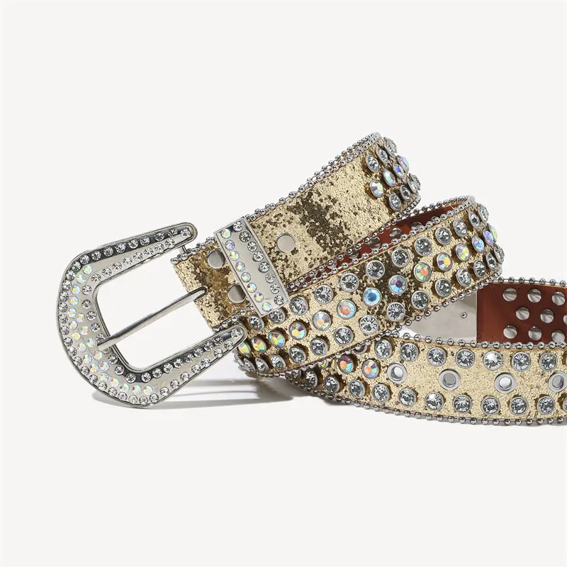 Yiwu Fábrica al por mayor PU Cinturones Mujeres Estilo personalizado con diamantes de imitación Cinturón de diamantes de imitación Western Cowboy Girl Diseñador Flash Cinturones de uñas de diamantes