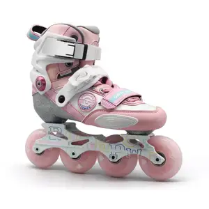 حذاء تزلج ذو أربع عجلات مُزين بعجلات للأطفال أحذية تزلج كبيرة مُزينة باللونين الأزرق والوردي