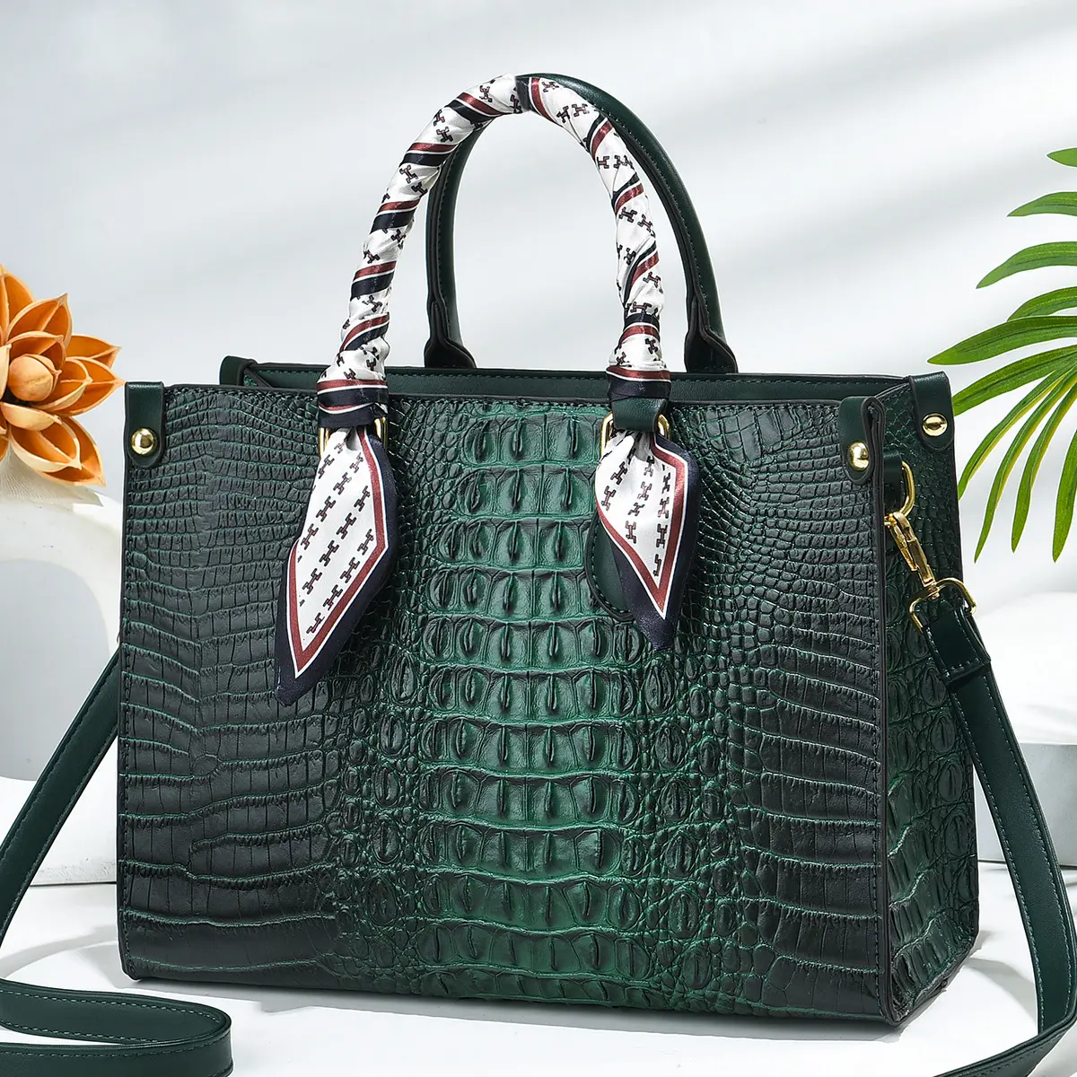 Crocodile pattern tote bag luxury branded scarf handle handbag wholesale lady purse shoulder bag