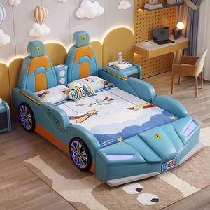 Nueva cama creativa de dibujos animados para niños JINS, 1,2 m, barandilla para niños, madera maciza, 1,5 M, cama individual, estilo de cama suave de cuero genuino - Product Image 2
