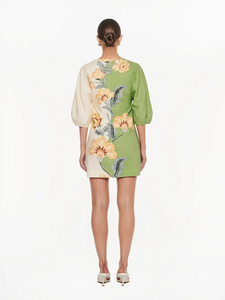 Floral Print V-Neck Loose Mini Dress <b>Three</b> Quarter Puff Sleeve Casual Summer Woven Women's Dress - Product Image 3