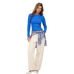 T-shirt en tricot à manches longues bleu pour femme, col rond, coupe ajustée, décontracté, respirant, mélange de coton et de spandex, toutes saisons - Product Image 2