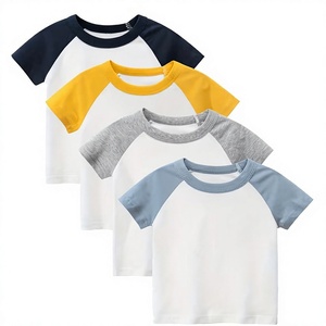 Boys Short Sleeve Raglan T-Shirt Solid Color O-Neck Casual Jersey Fabric White With Navy Yellow Gray Blue Sleeves - Product Image 1
