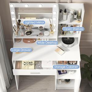 Bàn trang điểm có gương & đèn, ngăn kéo lớn & Tủ Đựng Đồ ba tầng, bàn trang điểm phòng ngủ (Màu Trắng) - Product Image 2
