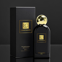 Botol Parfum Kaca Biru Persegi Pipih OLATEC 40 100ML dengan Tutup Bola Emas, Opsi Logo Kustom, Wadah Parfum Mewah