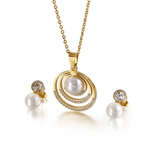 Popular Famous <b>Crystal</b> Round Stainless Steel Pearl Earring Necklace <b>Set</b> - Product Image 1