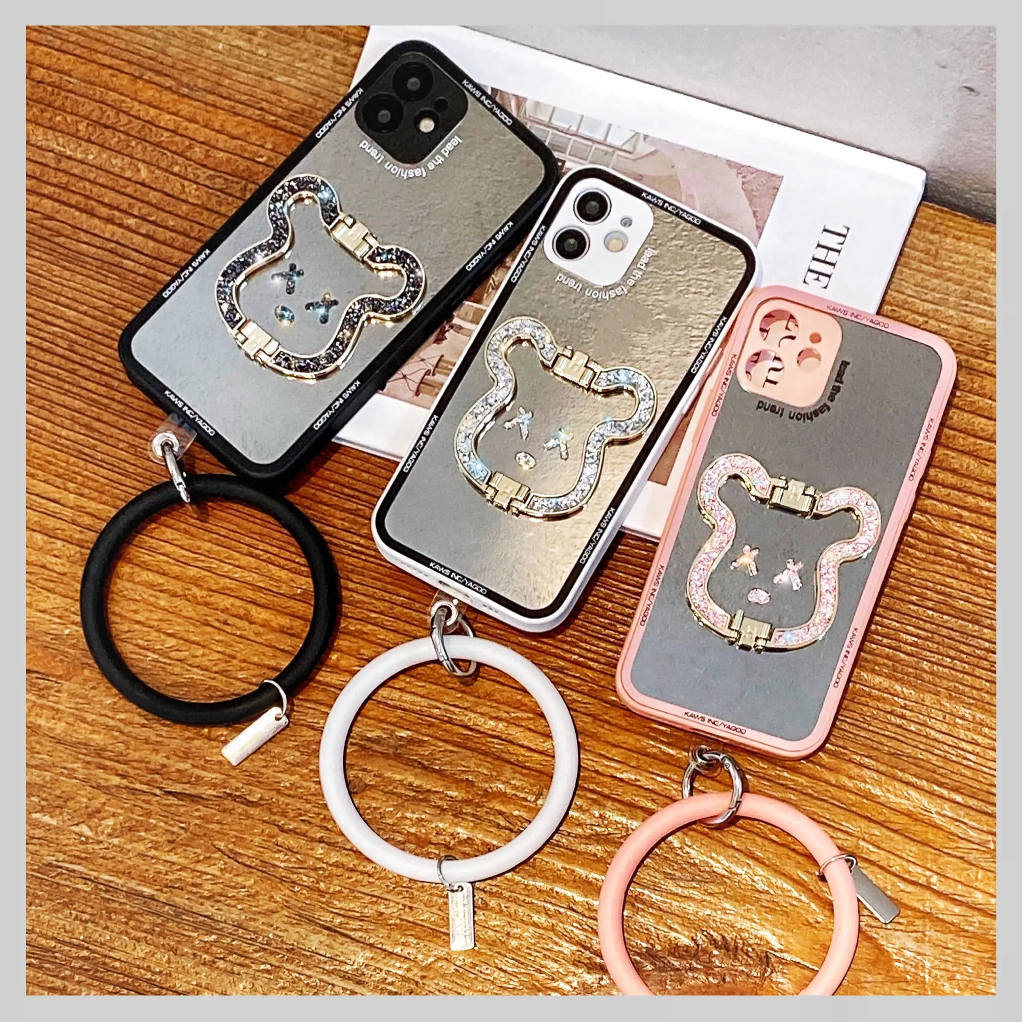 Luxury Glitter Makeup Mirror Case For iPhone 13 12 11 Pro MAX XS XR Bling Sequins Silicone Cover Bear Stand Phone Case