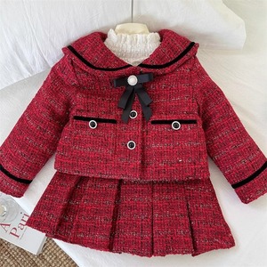Traje de lujo ligero para niñas, conjunto de 2 piezas de poliéster rojo con solapa y falda plisada de manga larga, ropa de invierno cálida para niños - Product Image 5