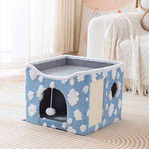 Maison pliable pour chat, lit en peluche pour animaux de compagnie avec griffoir, abri pour chat d'intérieur à 2 niveaux, utilisation hivernale - Product Image 3
