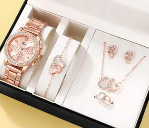 6PCS Set Rose Gold Luxury Watch Mujeres Anillo Collar Pendiente Rhinestone Moda Reloj de pulsera Casual Ladies Bracelet Relojes