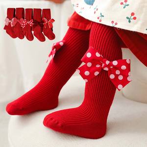 Collants d'hiver épais et moelleux de Noël pour bébé fille Chaussettes coréennes à la mode pour le Nouvel An Rouge Mignon Gros nœud Fuzzy Warm Baby Pantyhose - Product Image 1