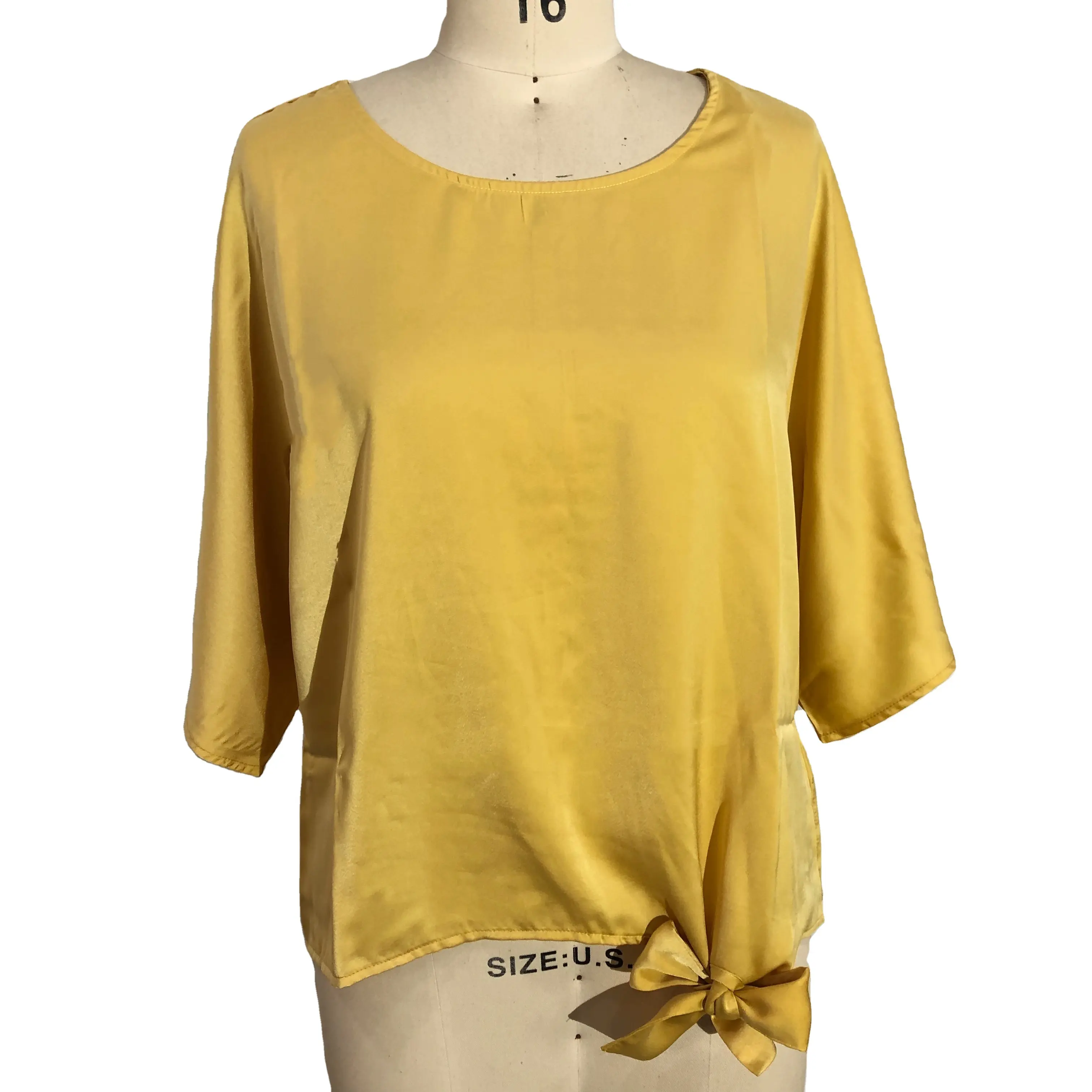 2023 Women's Summer Woven Blouses Causal Shirts Plus Size Yellow Solid Color O-Neck Sexy Elegant With Bow