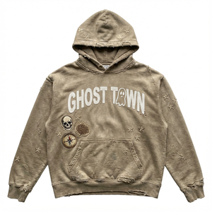 Sudadera con Capucha de Algodón para Invierno, Diseño Grueso de Felpa, Parches Bordados, Gráficos de Letras y Ciudad Fantasma, Unisex, Estilo Vintage Holgado - Product Image 1