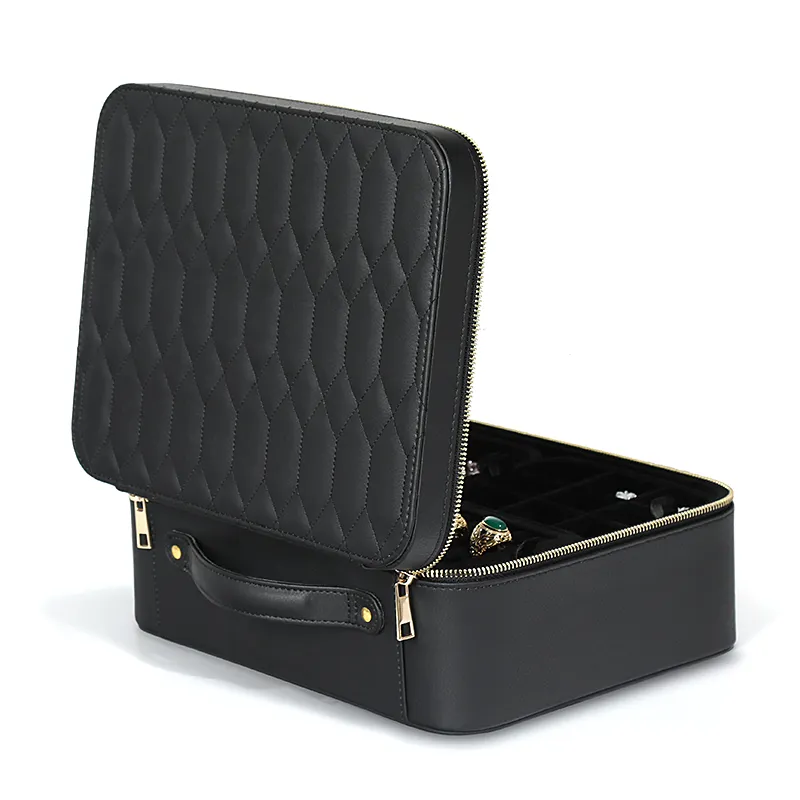 صندوق تخزين منظم لعلبة سوداء للسفر مع وسادة جلدية فاخرة لتخزين المجوهرات
