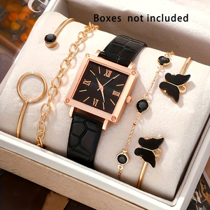 Venta caliente 5PCs Reloj elegante Mujeres <span class=keywords><strong>Roma</strong></span> Dial cuadrado Señoras Reloj de pulsera de cuero Pulseras de mariposa Conjuntos de joyas Regalo para niñas - Product Image 5