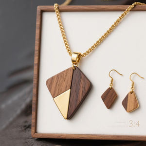 Fatingna, collar con colgante personalizado, conjunto de collar y pendientes OEM de madera, colgante geométrico de perlas de agua dulce chapado en rodio para regalo - Product Image 4