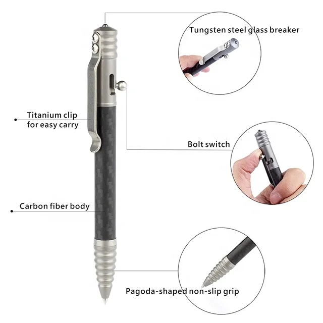Tactical Pen With Titanium Alloy And Carbon Fiber Body Silicon Oxide Tip For Breaking Glass