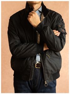 Blouson Bomber Homme BBR Vintage en Cuir Huilé et <span class=keywords><strong>Ciré</strong></span>, Résistant, <span class=keywords><strong>Occasion</strong></span>, Fermeture Éclair, Coupe-Vent, Col Montant, Hiver, Coton - Product Image 3