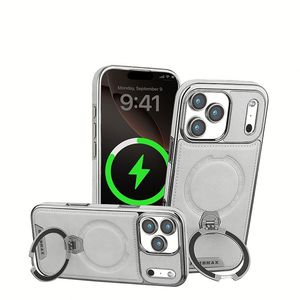 High-Grade Leather Phone Case Bracket Electroplated Leather Rotation Ring Magnetic <b>Stand</b> Shockproof Cover for Iphone17 Series - Product Image 1