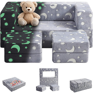 Modular Building Block <b>Sofa</b> Set For <b>Kids</b> With Glow In Dark Plush Fabric Grey 3 In 1 Design For Sitting And Reclining - Product Image 1