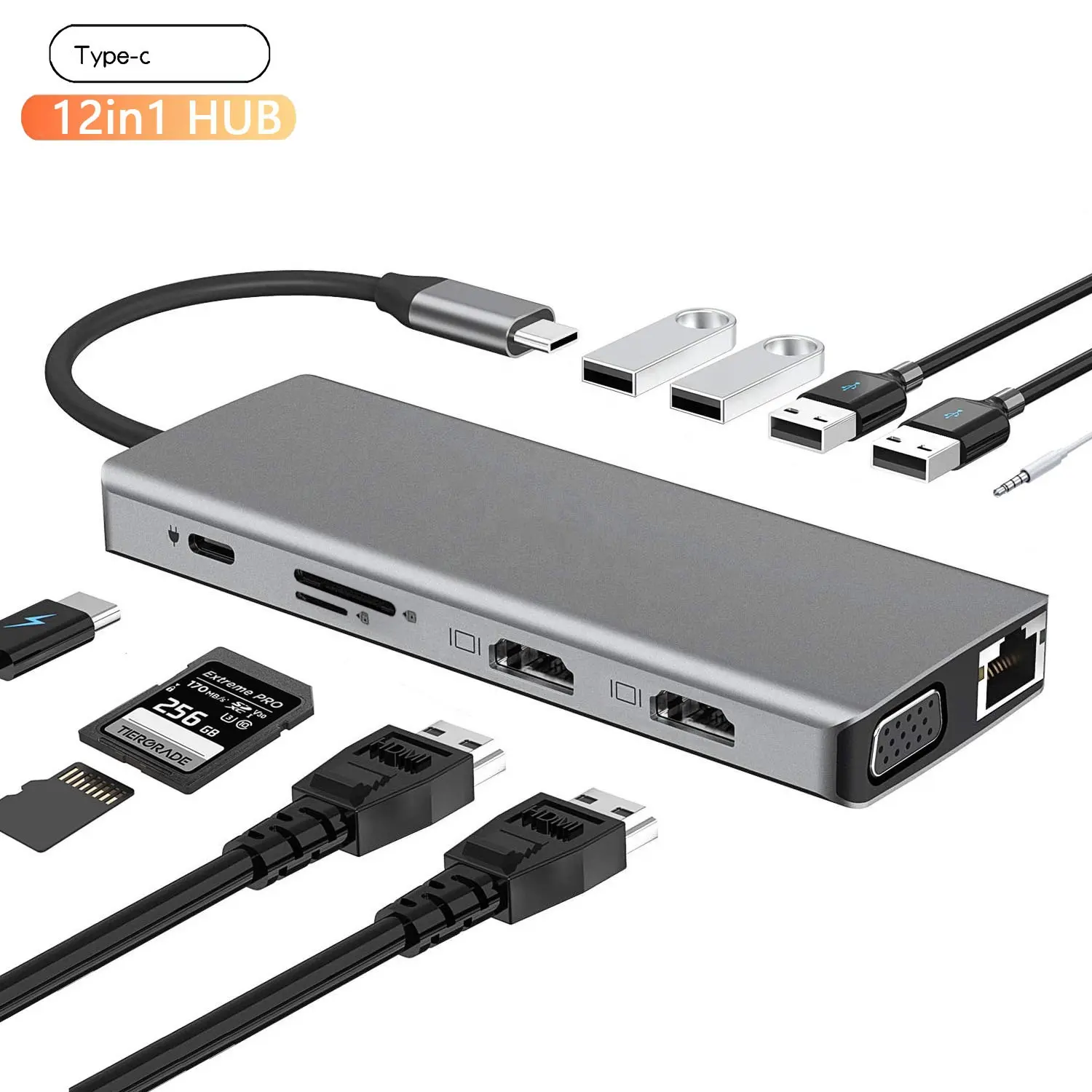 Hot selling 12 in 1 USB C to Dual HDMI Adapter all-in-one type-c USB 3.0 Dual HDMI VGA docking station RJ451000Mbps Gigabit
