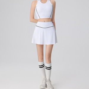 Set 2 potong pakaian tenis untuk wanita, Set rok Padel Golf kerah lipat motif garis warna kontras, Set pakaian tenis menyerap keringat - Product Image 6