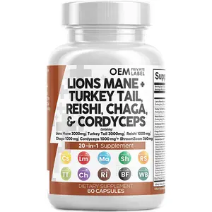 Lions Mane 20 en 1 Pilules de supplément de champignon avec queue de dinde Reishi Cordyceps Chaga capsules soutiennent l'énergie cognitive et la concentration