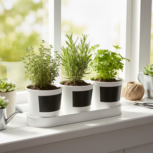 Lot de 3 pots de fleurs modernes en fer galvanisé <span class=keywords><strong>avec</strong></span> étiquettes tableau noir, jardinières argentées <span class=keywords><strong>avec</strong></span> plateau pour intérieur, bureau, balcon - Product Image 1