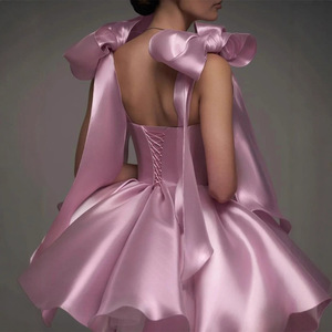 Robes de soirée courtes en satin avec nœud, sans bretelles, pour demoiselles <span class=keywords><strong>d</strong></span>'<span class=keywords><strong>honneur</strong></span>, mariage, fête, bal de promo, anniversaire, longueur genou, à lacets - Product Image 2