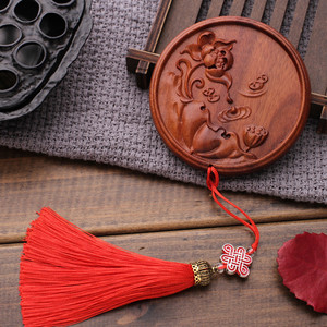 Miroir portable en bois de santal Weijun, miroir de maquillage en bois de séquoia de style ancien, pompon rétro tricolore fait main YJZ - Product Image 3
