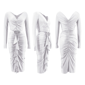 เดรสยาวแขนยาวคอวีลายกุหลาบ ดีไซน์เซ็กซี่สำหรับผู้หญิง แฟชั่นกระโปรงจีบ - Product Image 5