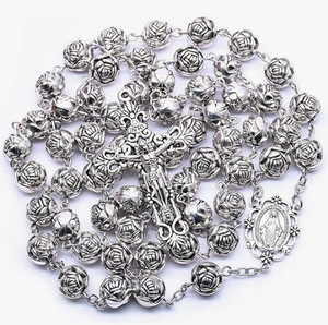 Rosario Católico Retro con Cuentas de Rosa y Cruz, Collar de Aleación de Zinc, Joyería Cristiana, Regalos para Iglesia, Venta al por Mayor - Product Image 2